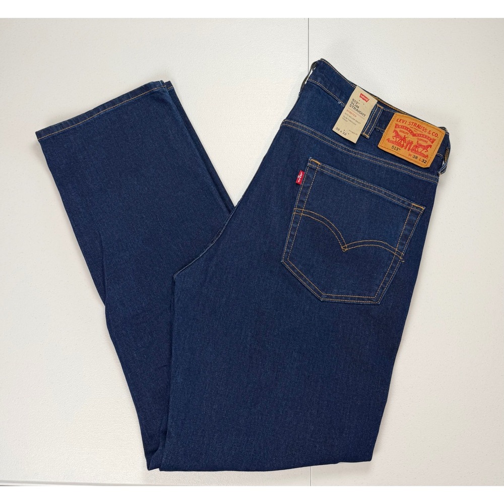New Levis 513 Slim Straight Jeans Mens 38x32 Dark Wash Blue Stretch Denim NWT